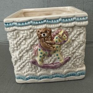 Vintage Relpo Ceramic Baby Planter featuring a Teddy Bear on Rocking Horse
